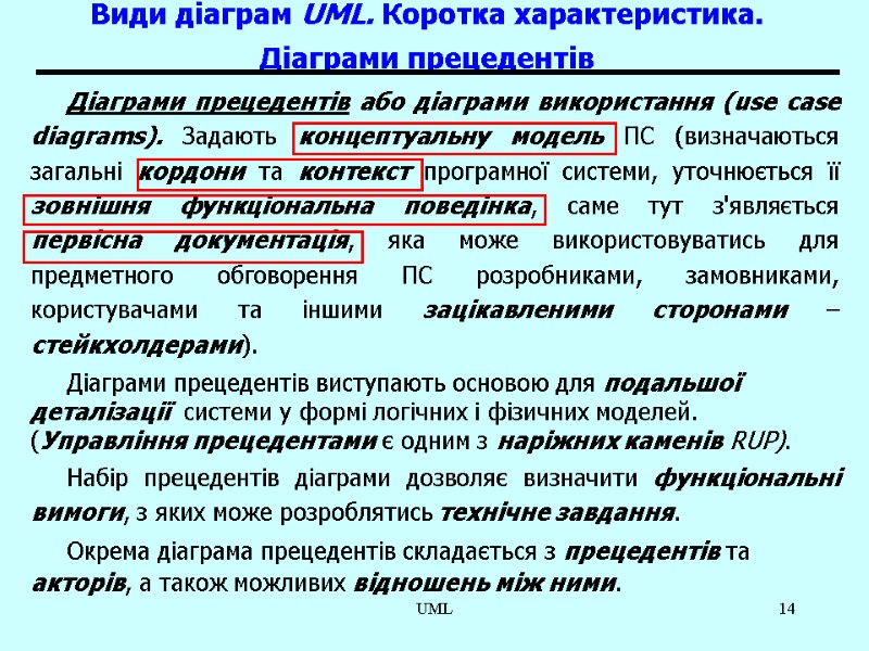 UML 14 Види діаграм UML. Коротка характеристика.  Діаграми прецедентів  Діаграми прецедентів або